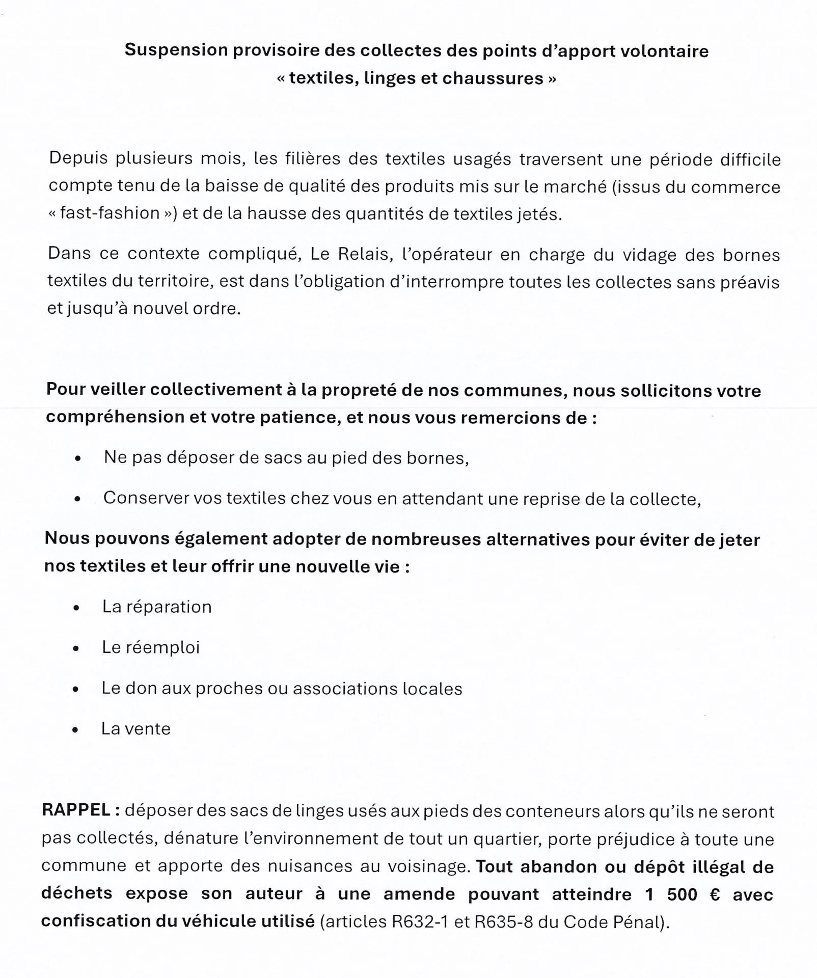 Arret benne vetements relais juillet 2025