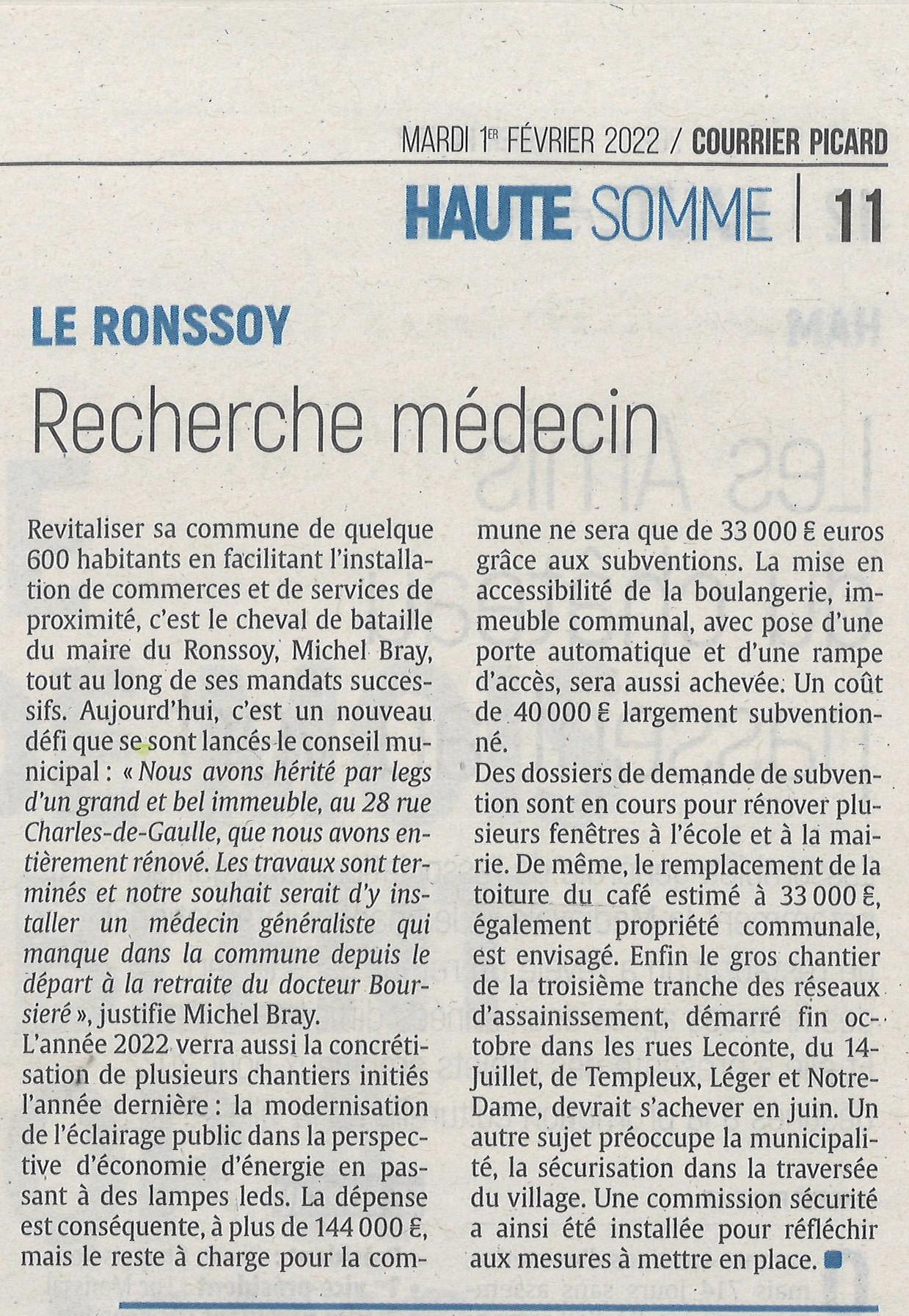 Article Courrier Picard du 1er février 2022