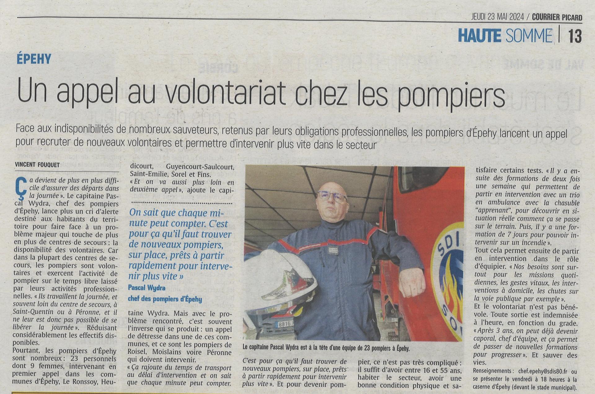 Article pompiers 23 mai 2024 le courroer picard