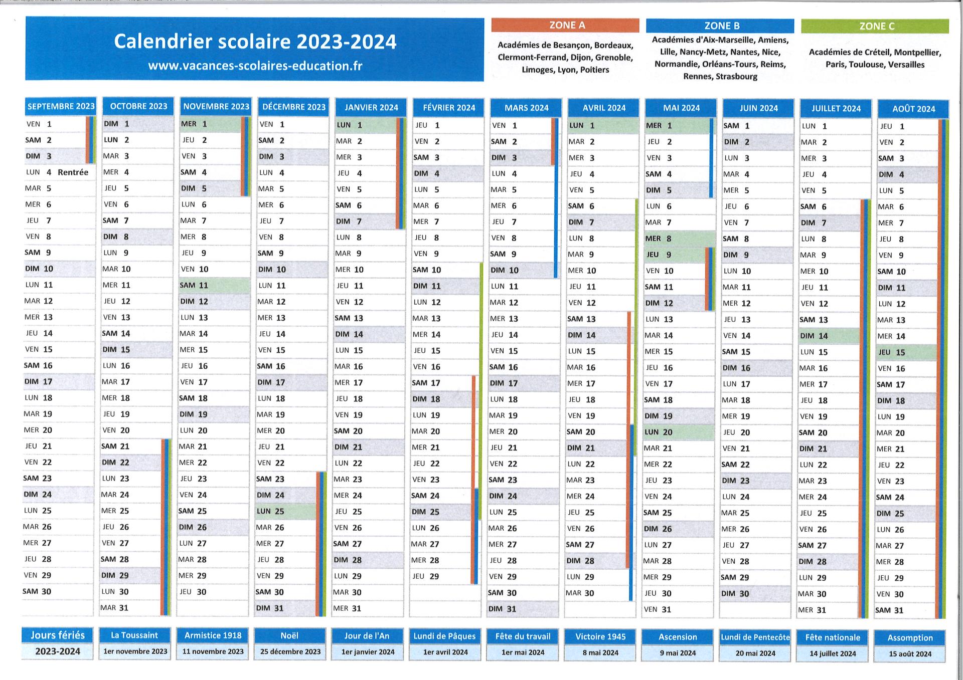 Calendrier scolaire 2023 2025