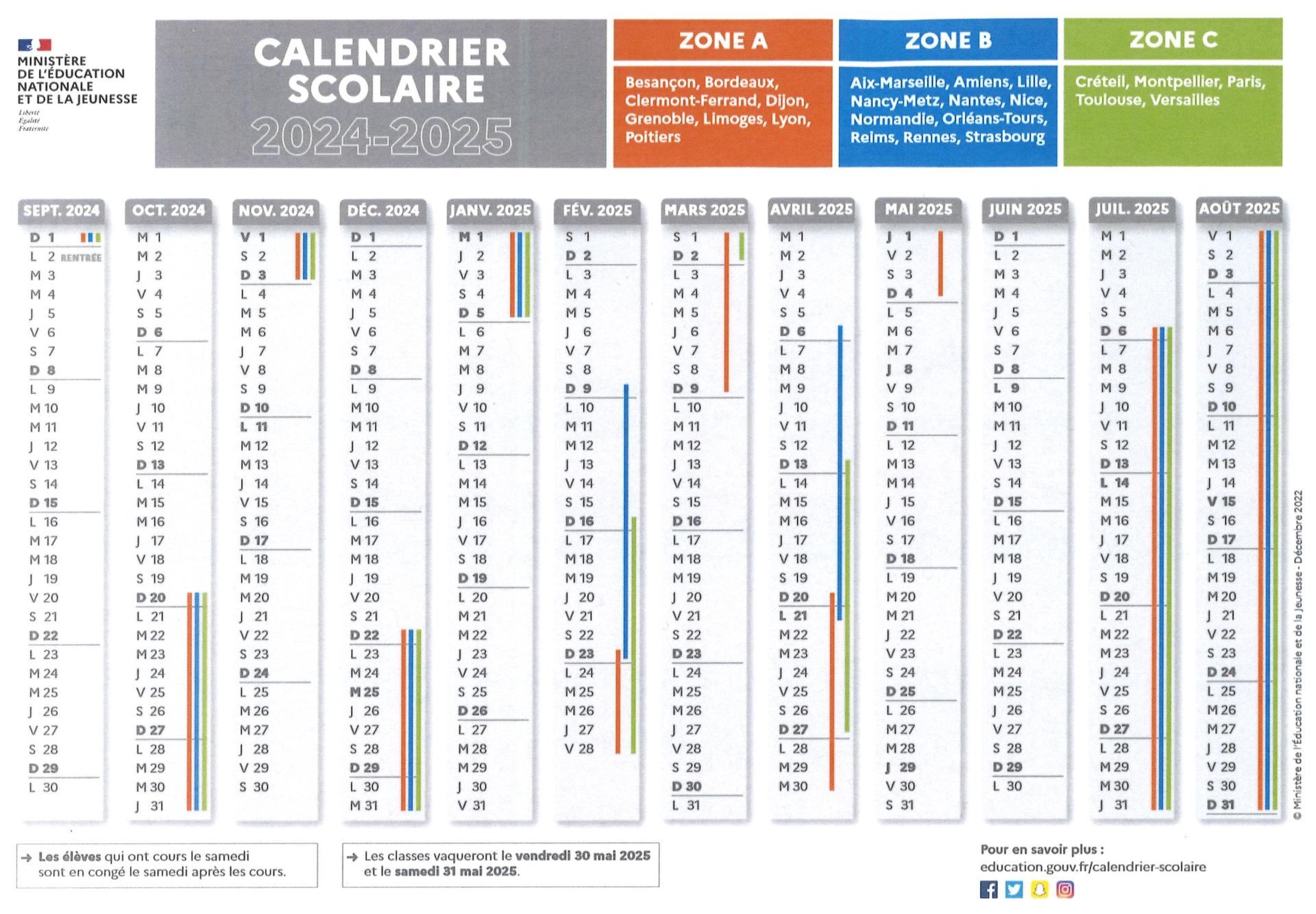 Calendrier scolaire 2024 2025