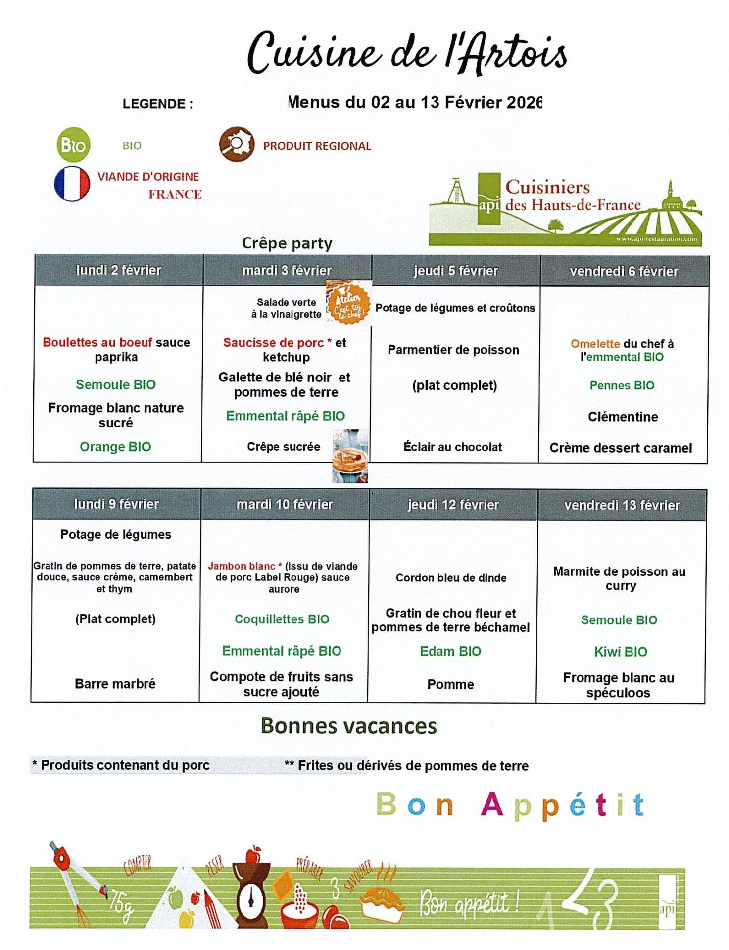 Menus du 2 au 13 fevrier 2026