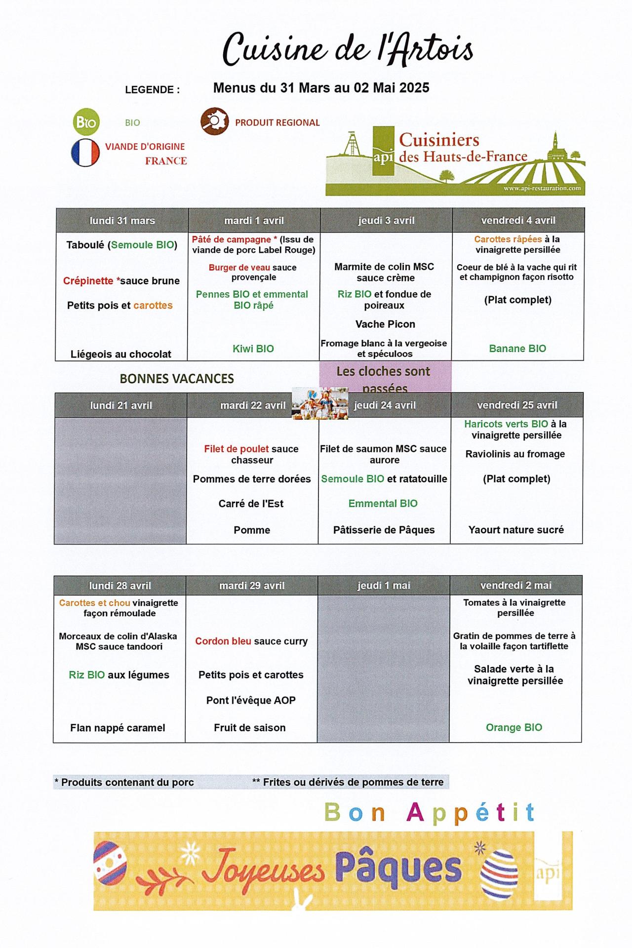 Menus du 31 mars au 2 mai 2025