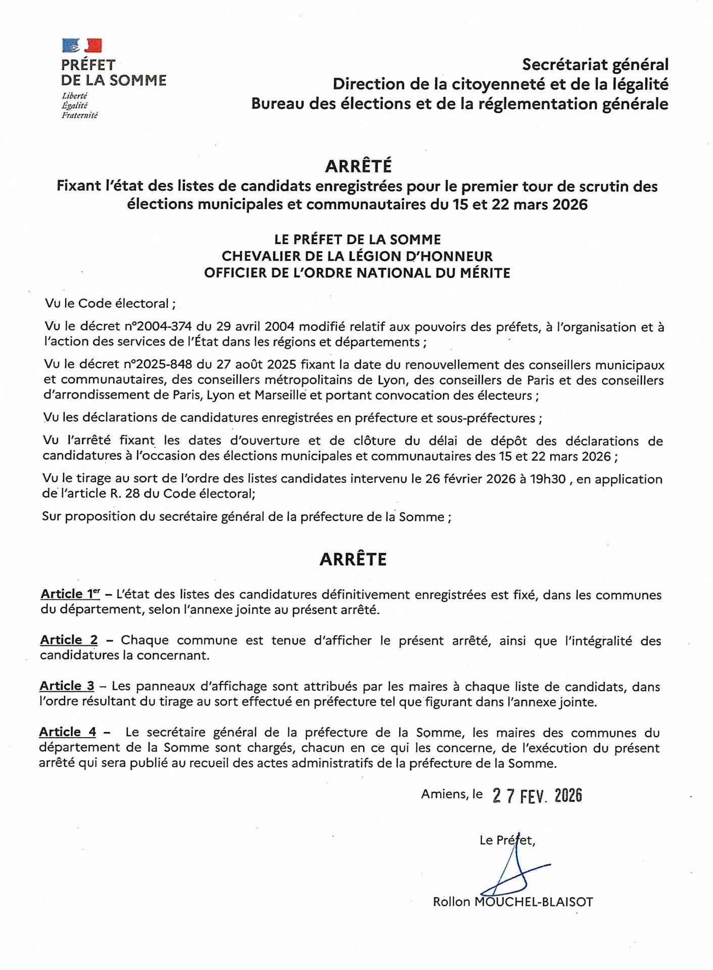 Arrete du 27 fevrier 2026