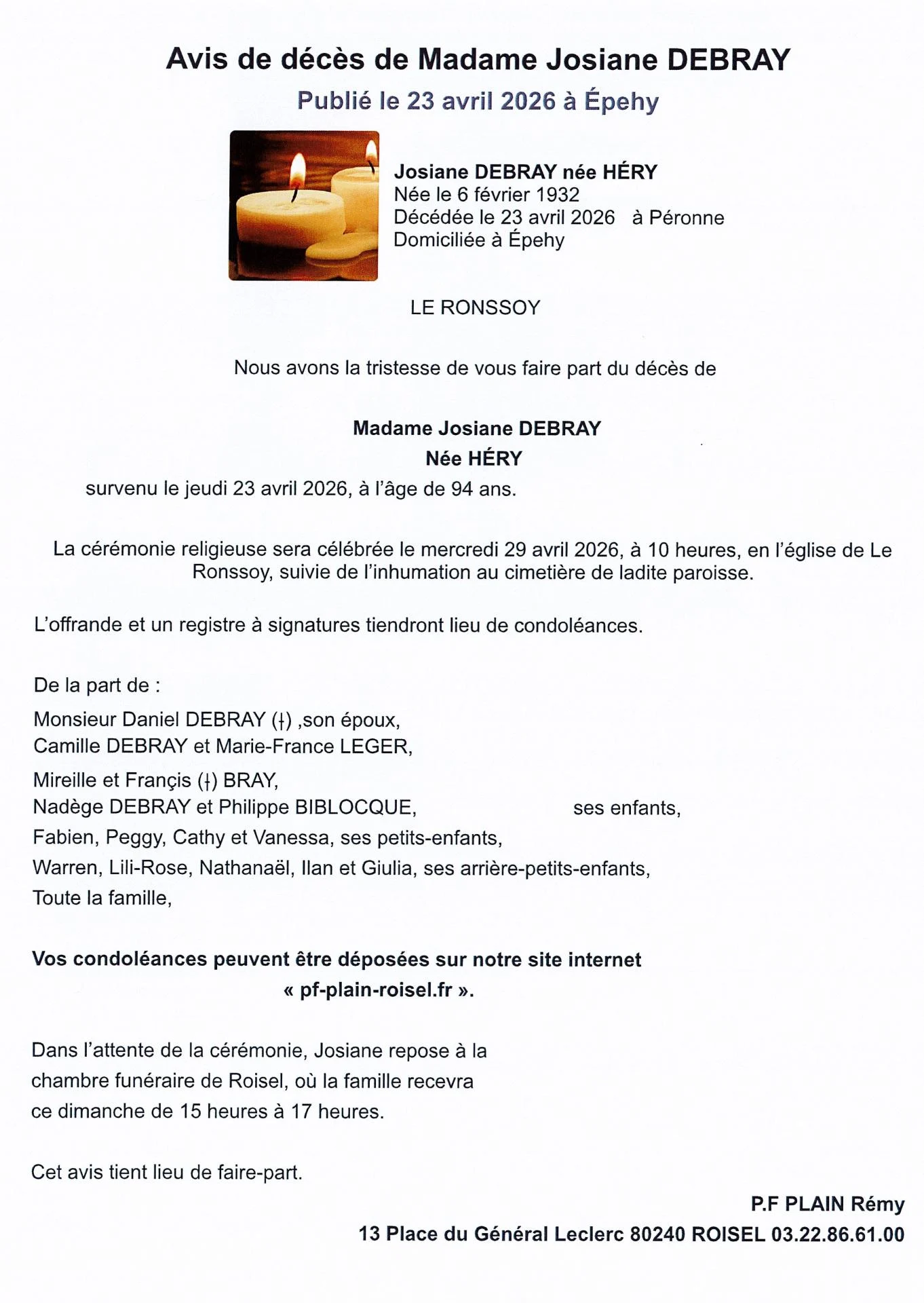 Avis de deces debray josiane