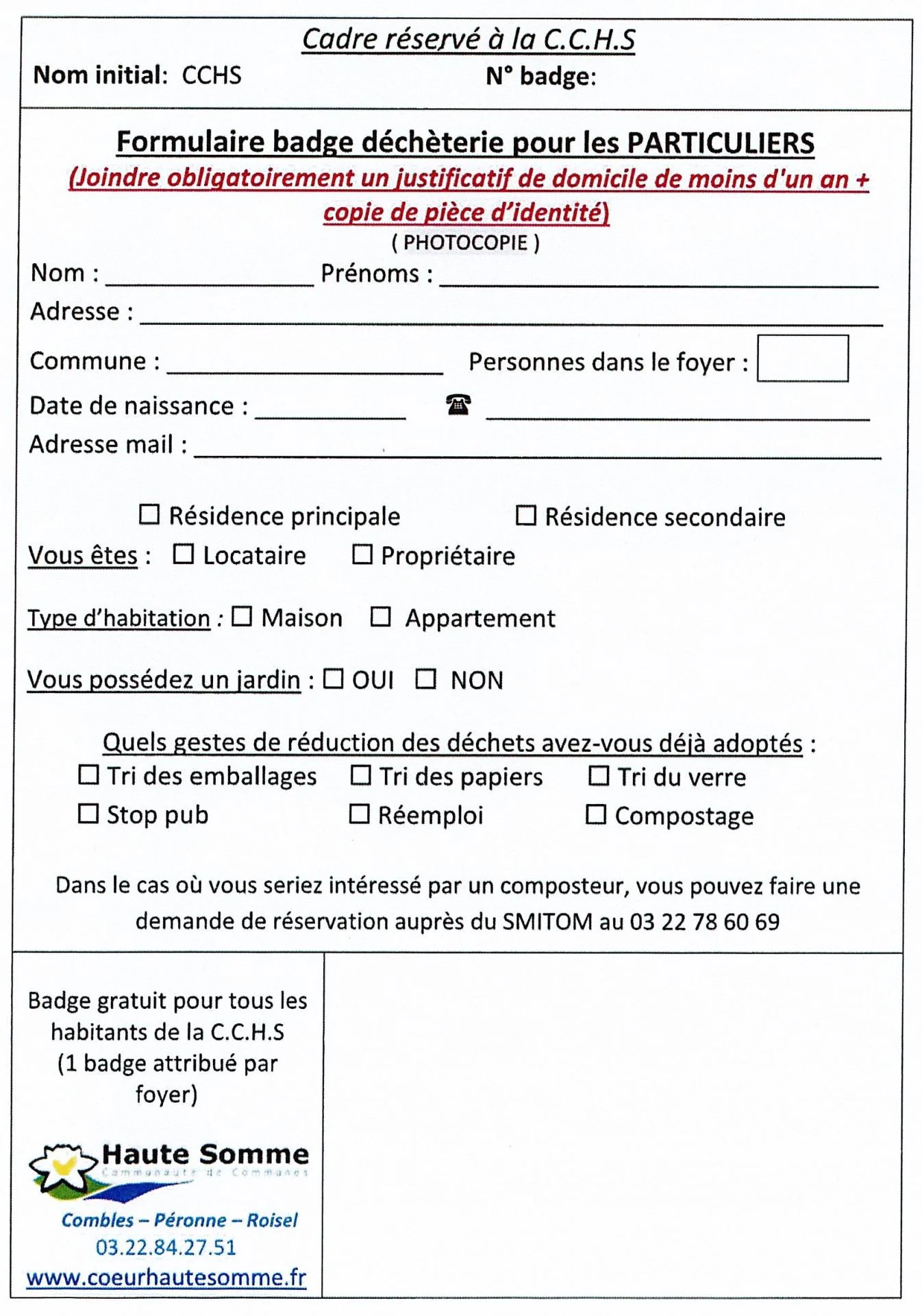 Formulaire badge particuliers decheterie