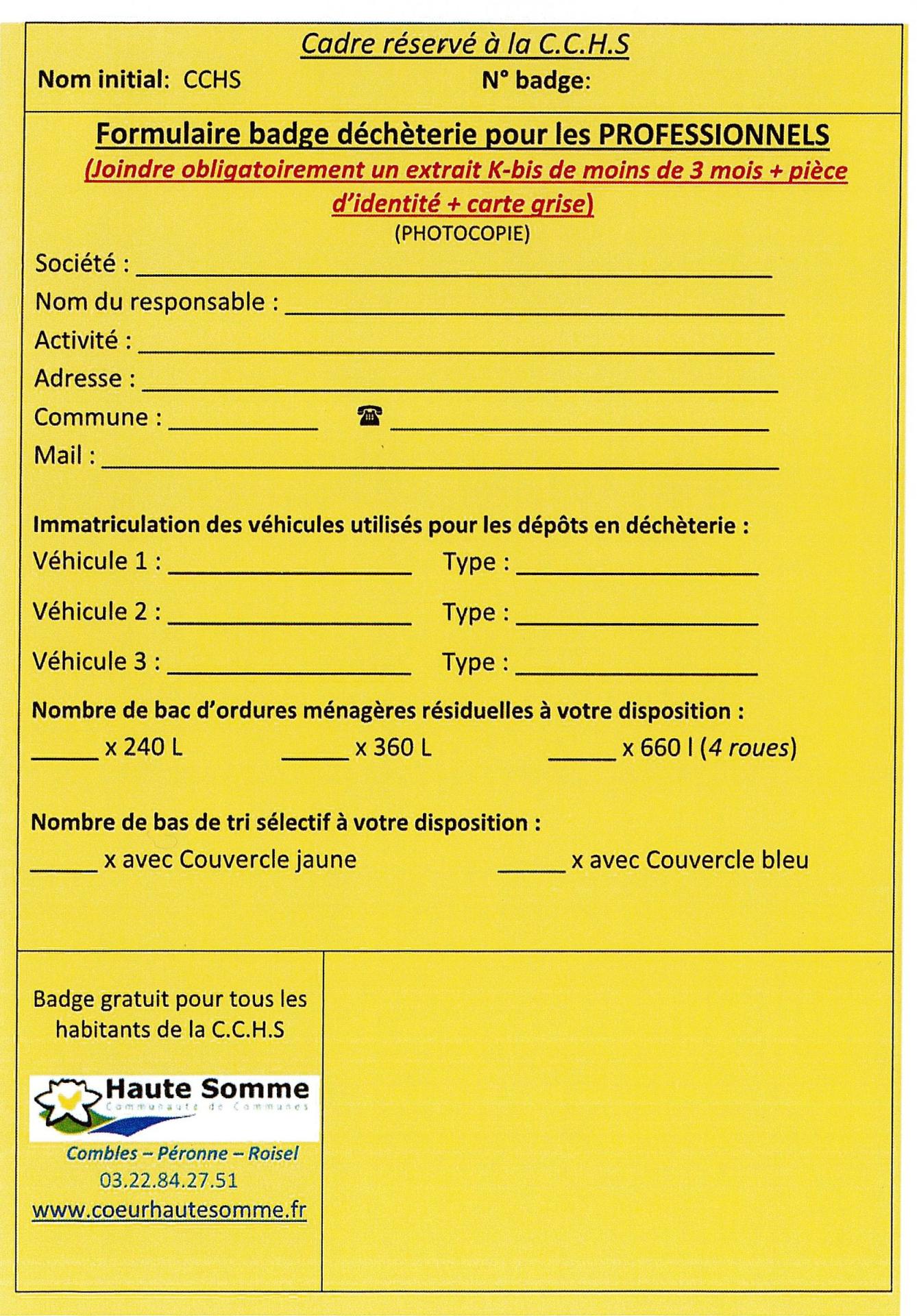 Formulaire badge professionnels decheterie