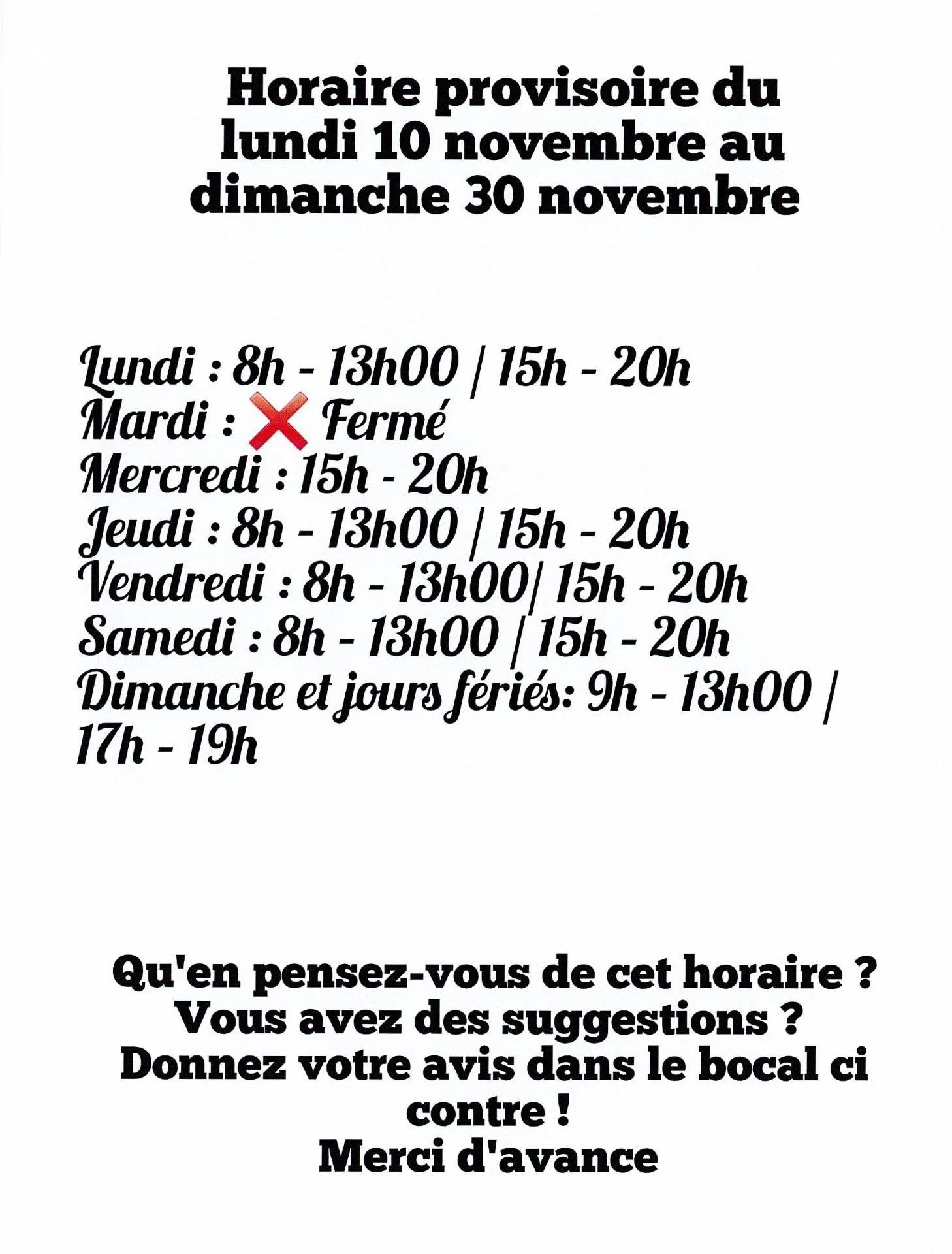 Horaires novembre 2025