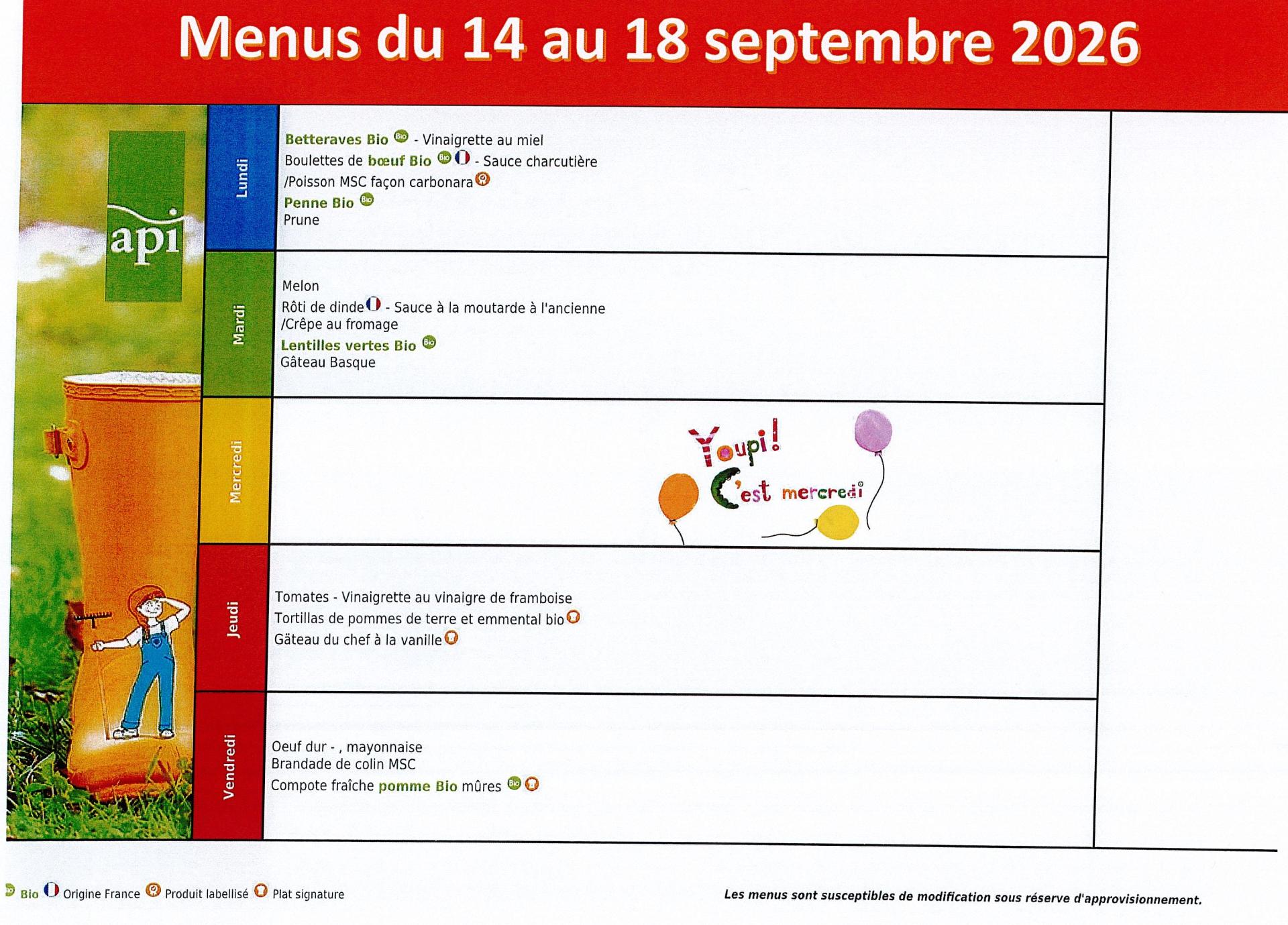 Menus du 14 au 18 septembre 2026