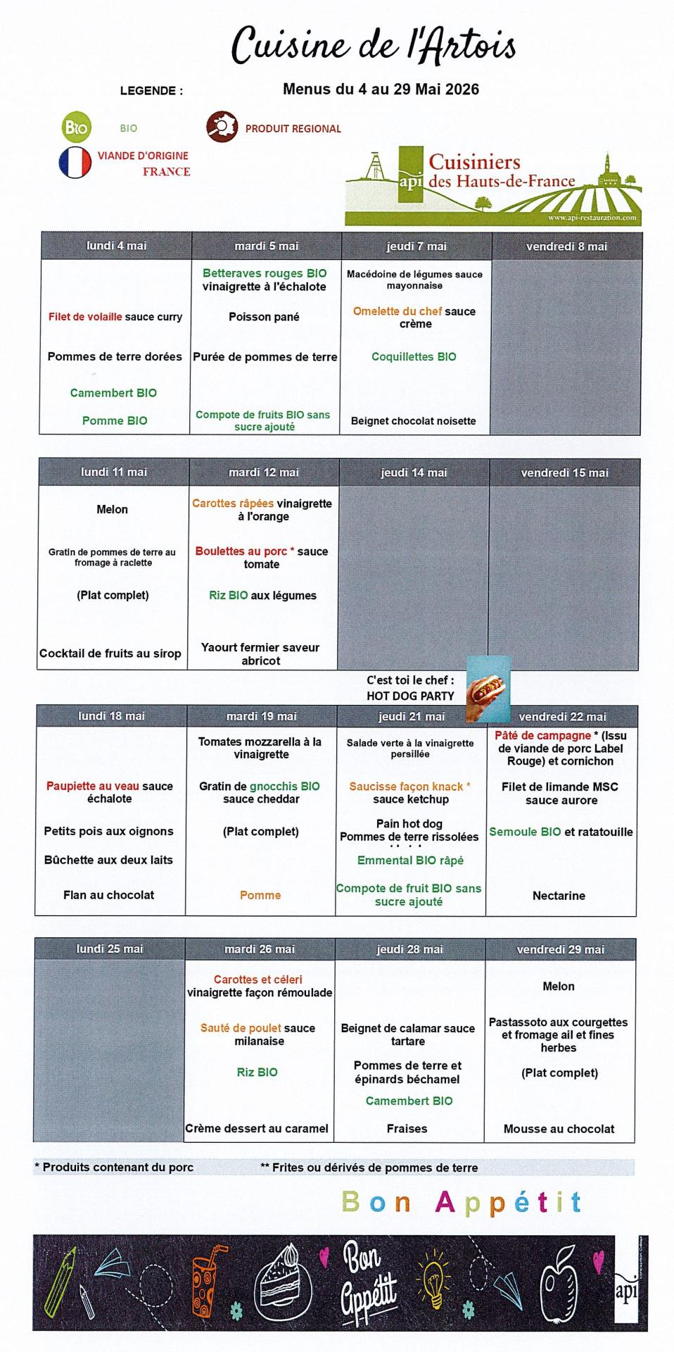 Menus du 4 au 29 mai 2026
