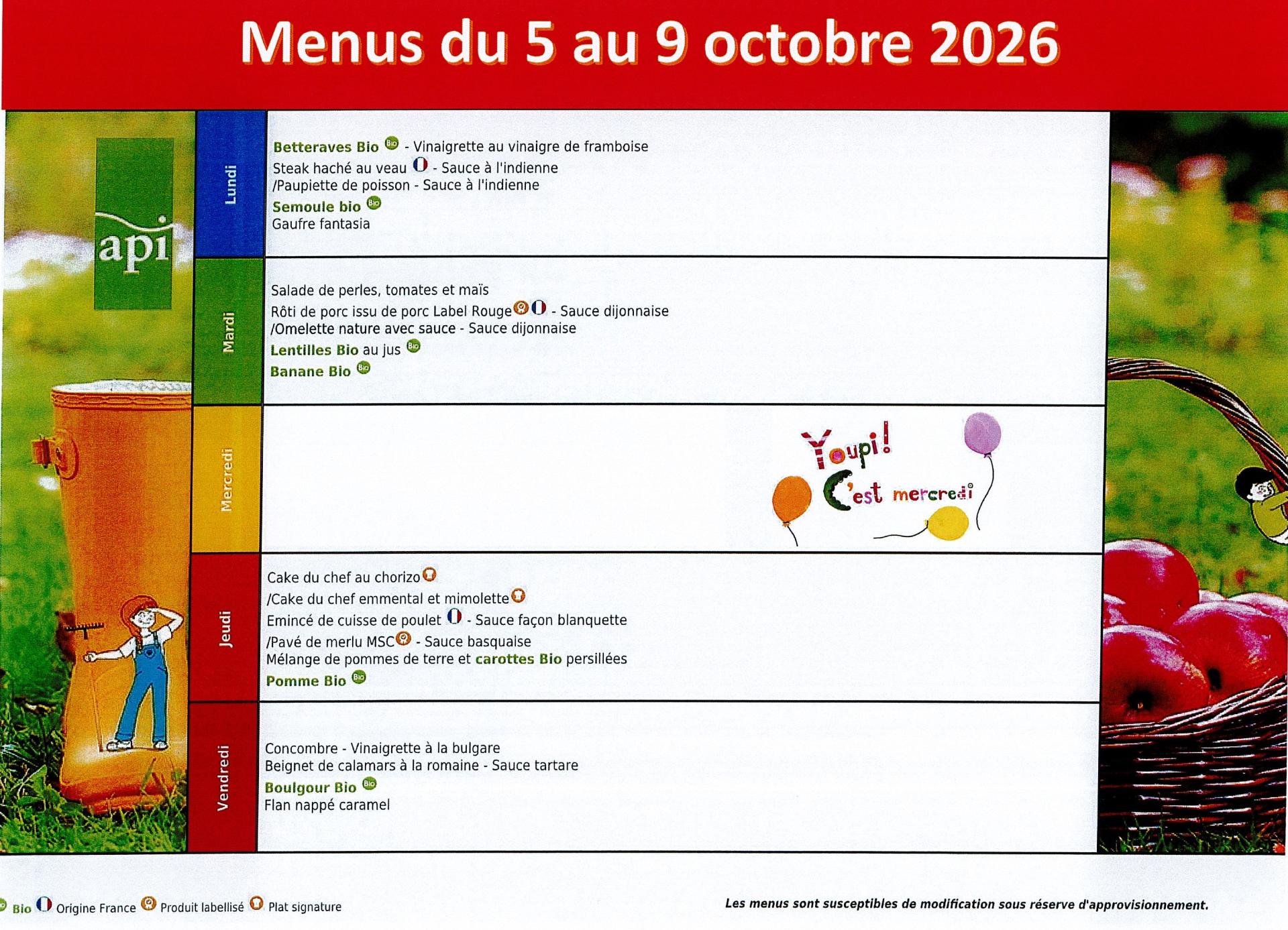 Menus du 5 au 9 octobre 2026