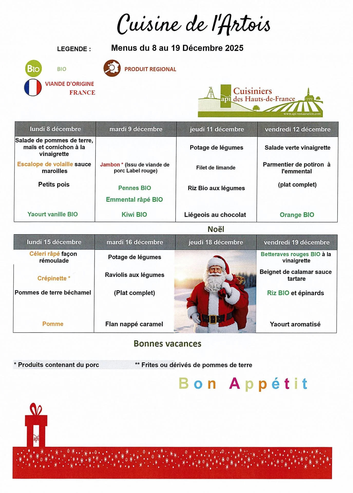 Menus du 8 novembre au 19 decembre 2025