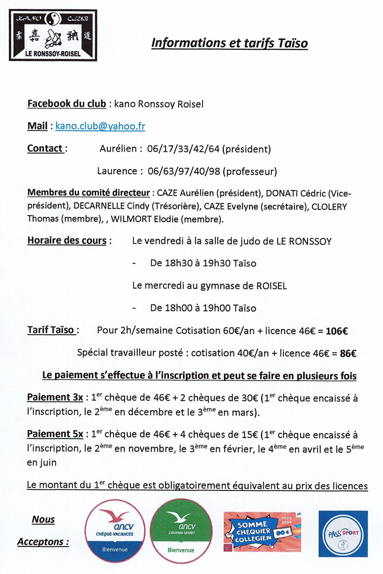 Tarifs taiso septembre 2026